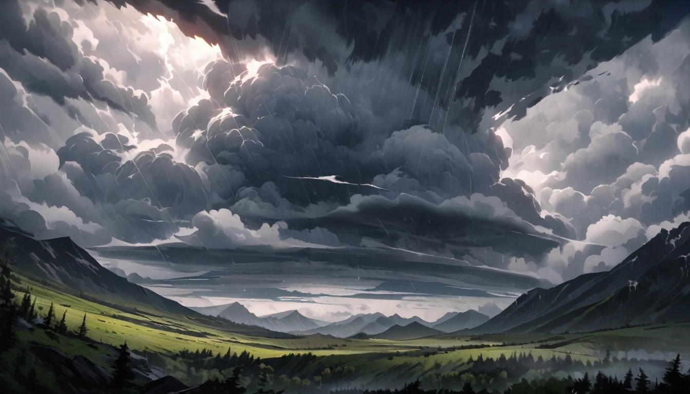 wilderness, in the huge supercell, rotating thundercloud, overcast weather, dimm, before the storm, ultra detailed