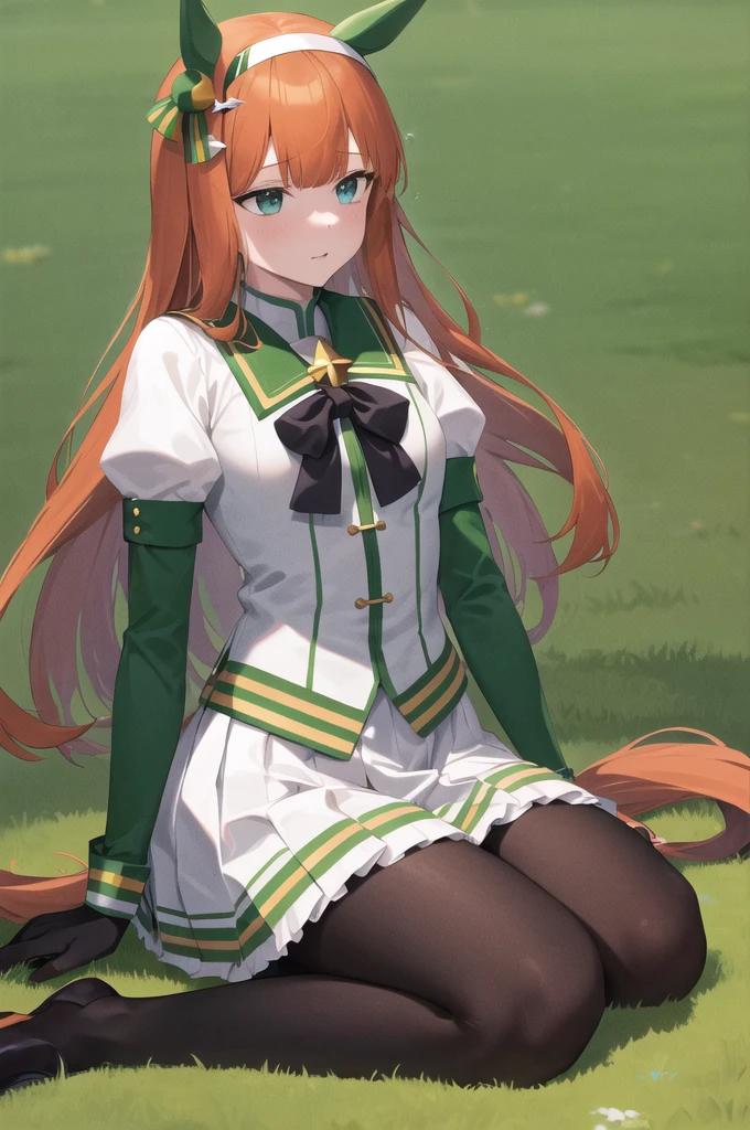 masterpiece, best quality, highres, aasuzuka, long hair, animal ears, ear covers, white hairband, horse tail, green sailor collar, black bow, white shirt, layered sleeves, green sleeves, black gloves, white skirt, black pantyhose, grass, wariza, sweat, shoes,