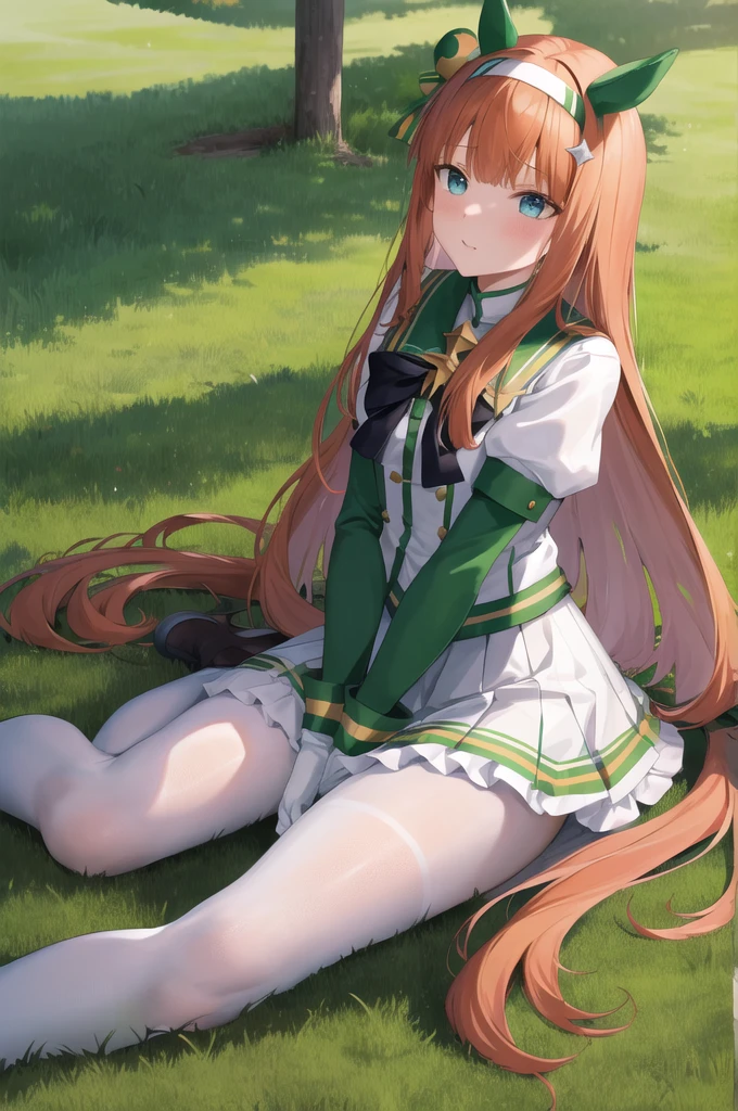 masterpiece, best quality, highres, aasuzuka, long hair, animal ears, ear covers, white hairband, horse tail, green sailor collar, black bow, white shirt, layered sleeves, green sleeves, black gloves, white skirt, black pantyhose, grass, wariza, sweat, shoes,