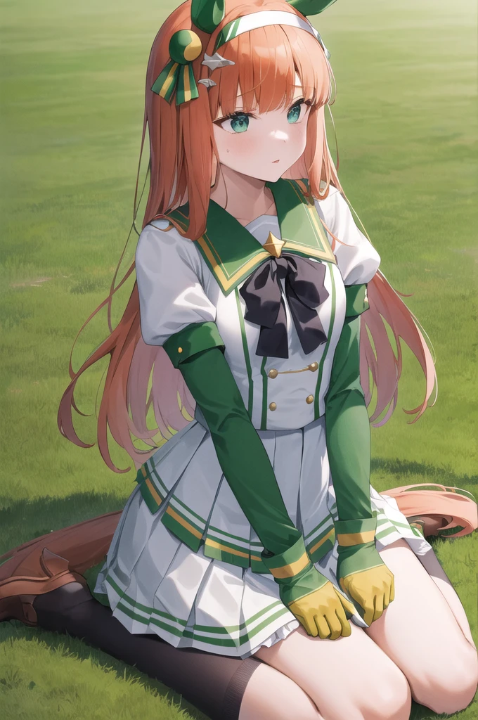 masterpiece, best quality, highres, aasuzuka, long hair, animal ears, ear covers, white hairband, horse tail, green sailor collar, black bow, white shirt, layered sleeves, green sleeves, black gloves, white skirt, black pantyhose, grass, wariza, sweat, shoes,