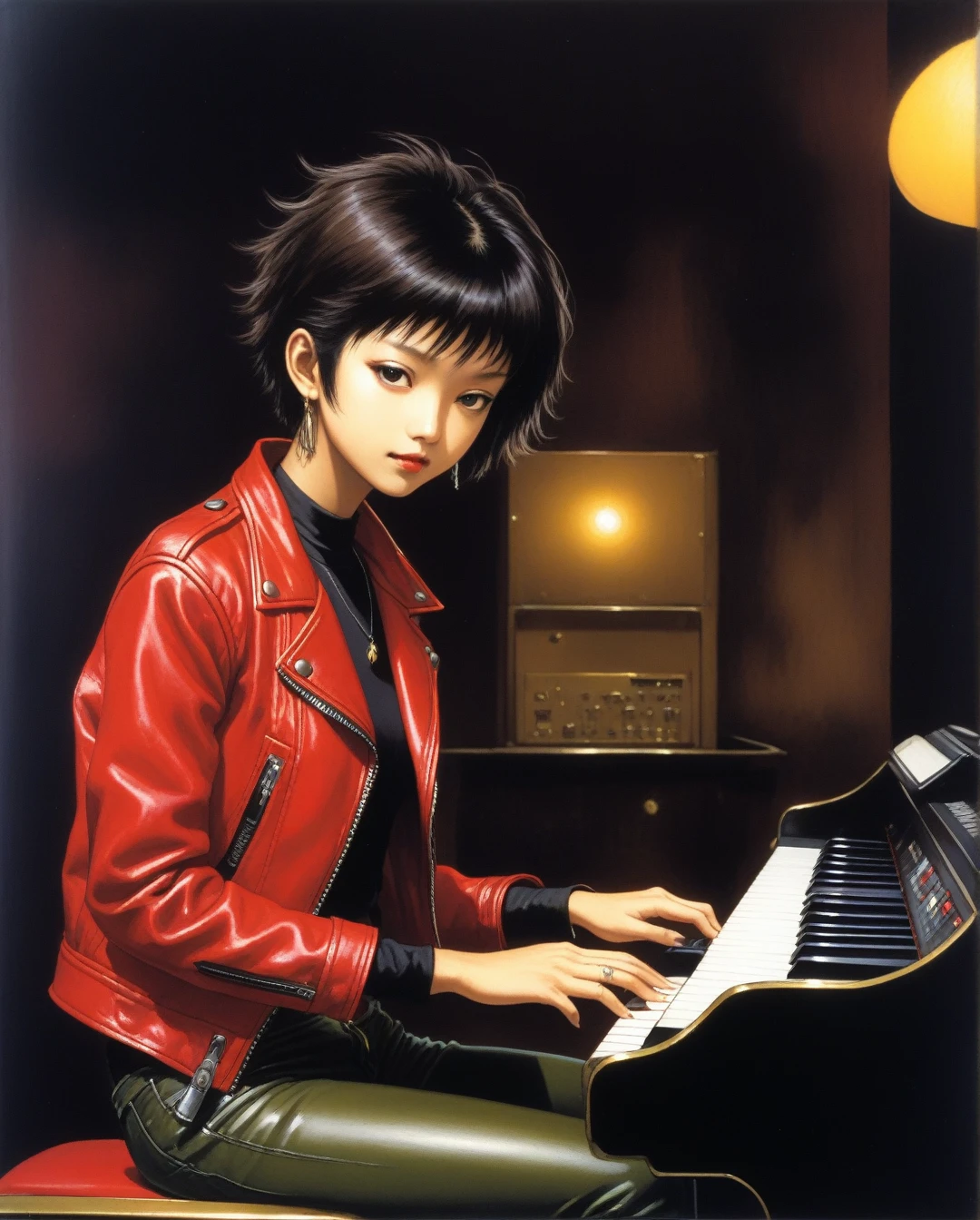 amano yoshitaka, Playing a synthesizer, a girl with dark olive skin and short dark blonde hair was dressed in a red leather jacket, black jeans, and a black t-shirt.