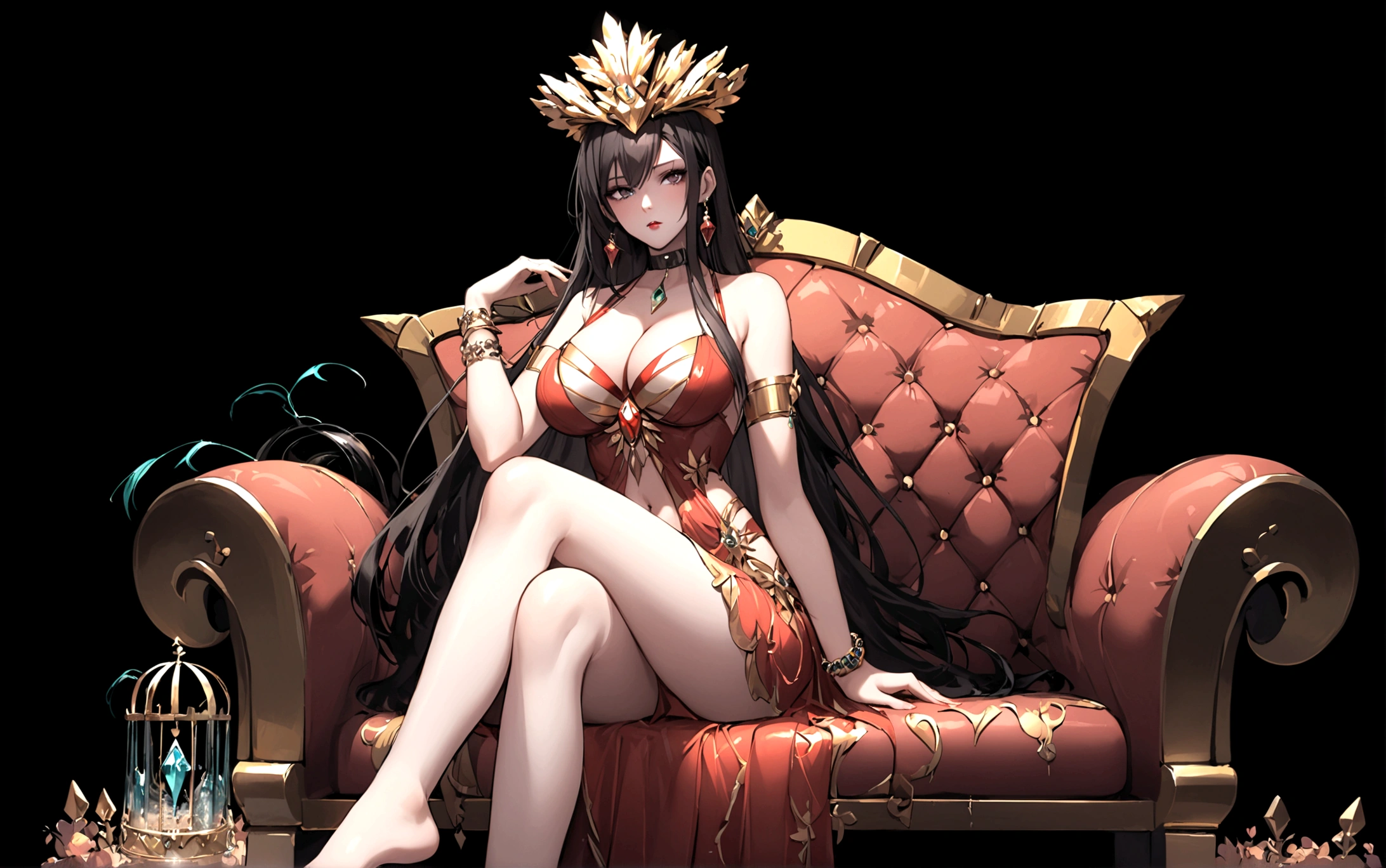1girl, solo, long hair, breasts, looking at viewer, large breasts, black hair, dress, navel, cleavage, bare shoulders, jewelry, sitting, closed mouth, earrings, barefoot, choker, bracelet, red dress, crossed legs, black background, gem, couch, armlet, red lips, gold, throne