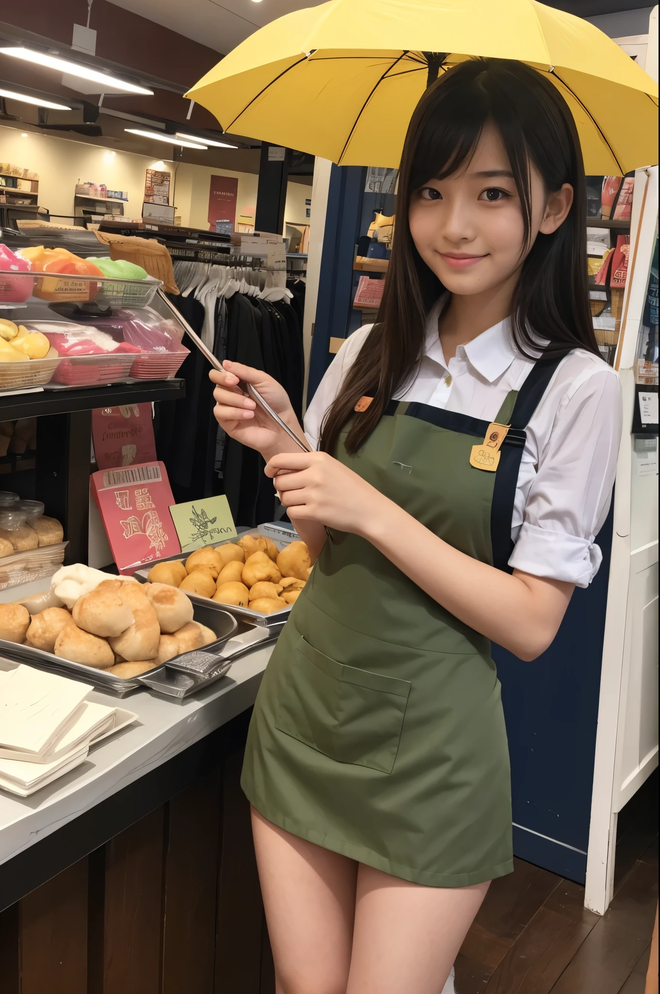 A 20-year-old girl who works at a store that sells a lot of cute umbrellas.（Wearing a miniskirt and apron）