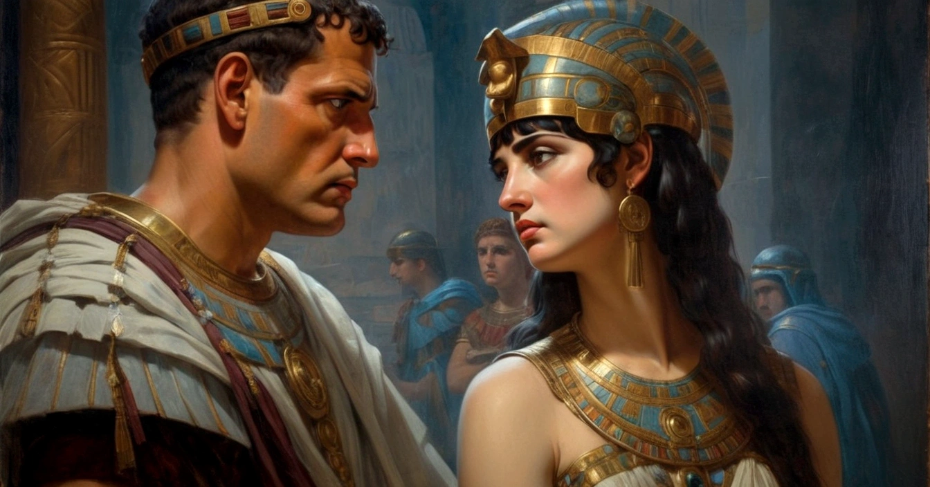 painting, Cleopatra and Mark Antony Roman general, they are sad and dissatisfied, renaissance painting