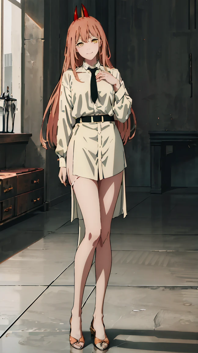 (Best quality), (masterpiece), (only), 1 girl, Maybe_XM, peach hair, full length (full body 1.1), yellow eyes, cross-shaped pupils, pupils in the form of symbols, red horns, white button up shirt, black tie, sharp teeth, smile, long hair, whole body