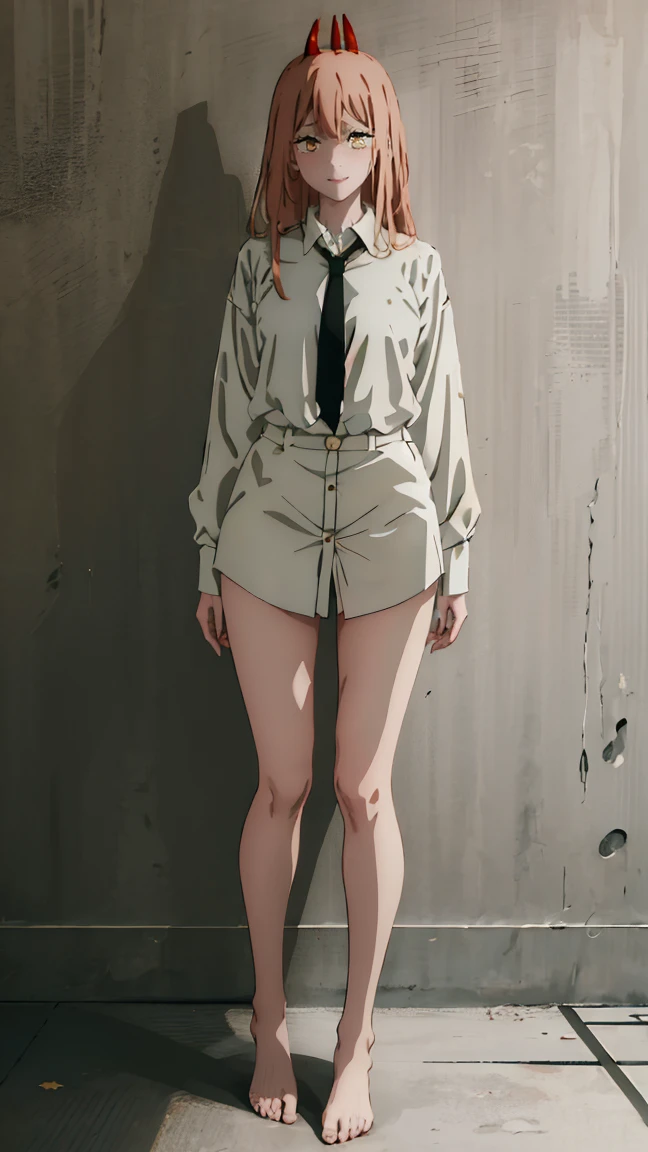 (Best quality), (masterpiece), (only), 1 girl, Maybe_XM, peach hair, full length (full body 1.1), yellow eyes, cross-shaped pupils, pupils in the form of symbols, red horns, white button up shirt, black tie, sharp teeth, smile, long hair, whole body