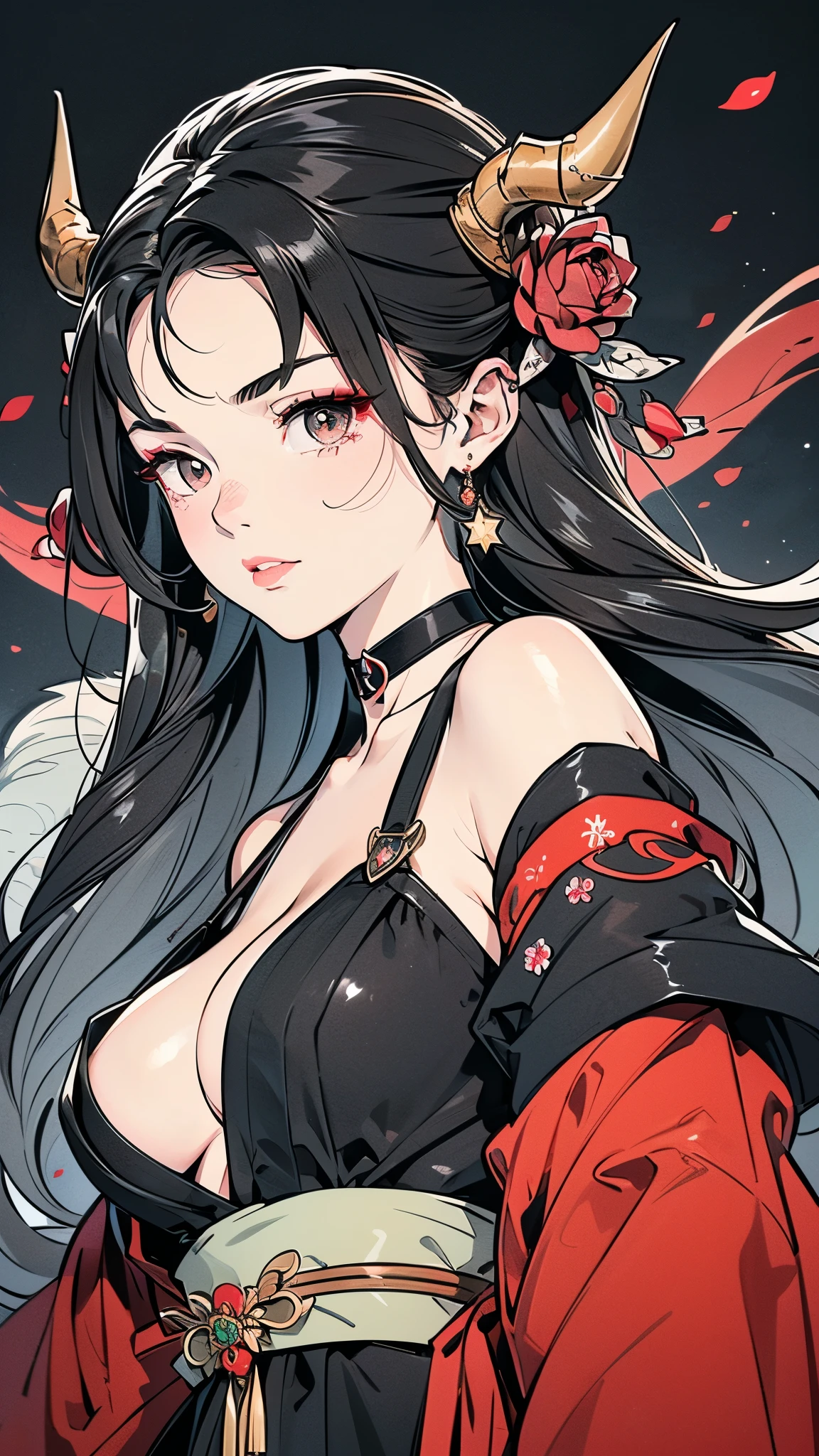 Seven Rhaeyar (Deylta), Ancient Star goddess, Perfect female anatomy (Royalty, Adult Female, 166cm in height, Cool pale skin, slim, slender, 34D breast size, Long Jet Black Hair, Gray Colored Iris , a set of Jet black colored horns on her head), Neutral facial expression, Elegant black uniform dress, female choker accessory with silver complimentary jewelry, dragon motifs, Black rope accessories, Simple Black Background, receiving light from the front, focusing on her face up close, Ethereal glow, Red Rose petals falling, Japanese inspired, Close up view, detailed features, high quality resolution