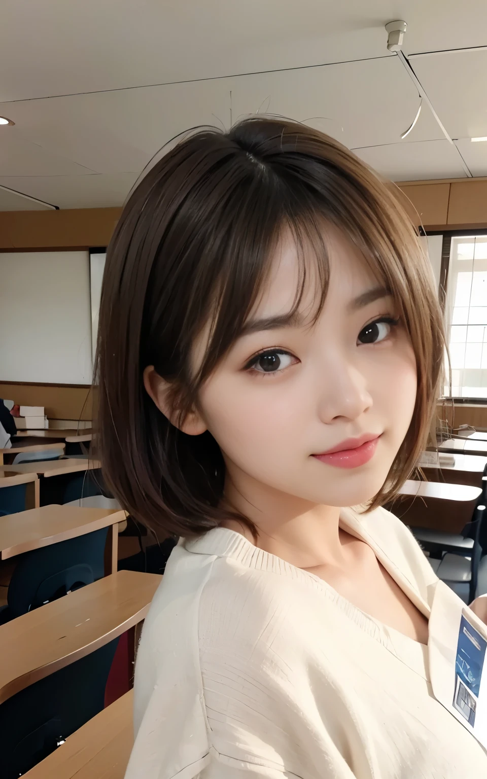 Cute 21 year old Japanese、University、Large classroom、Barely、Super detailed face、Eye for detail、double eyelid、Beautiful thin nose、Sharp Focus：1.2、Beauty：1.4、（Light Brown Hair、Short Hair、Highest quality、Illumination、masterpiece、Ultra-high resolution、（Photorealistic：1.4）、Colorful spring clothes、