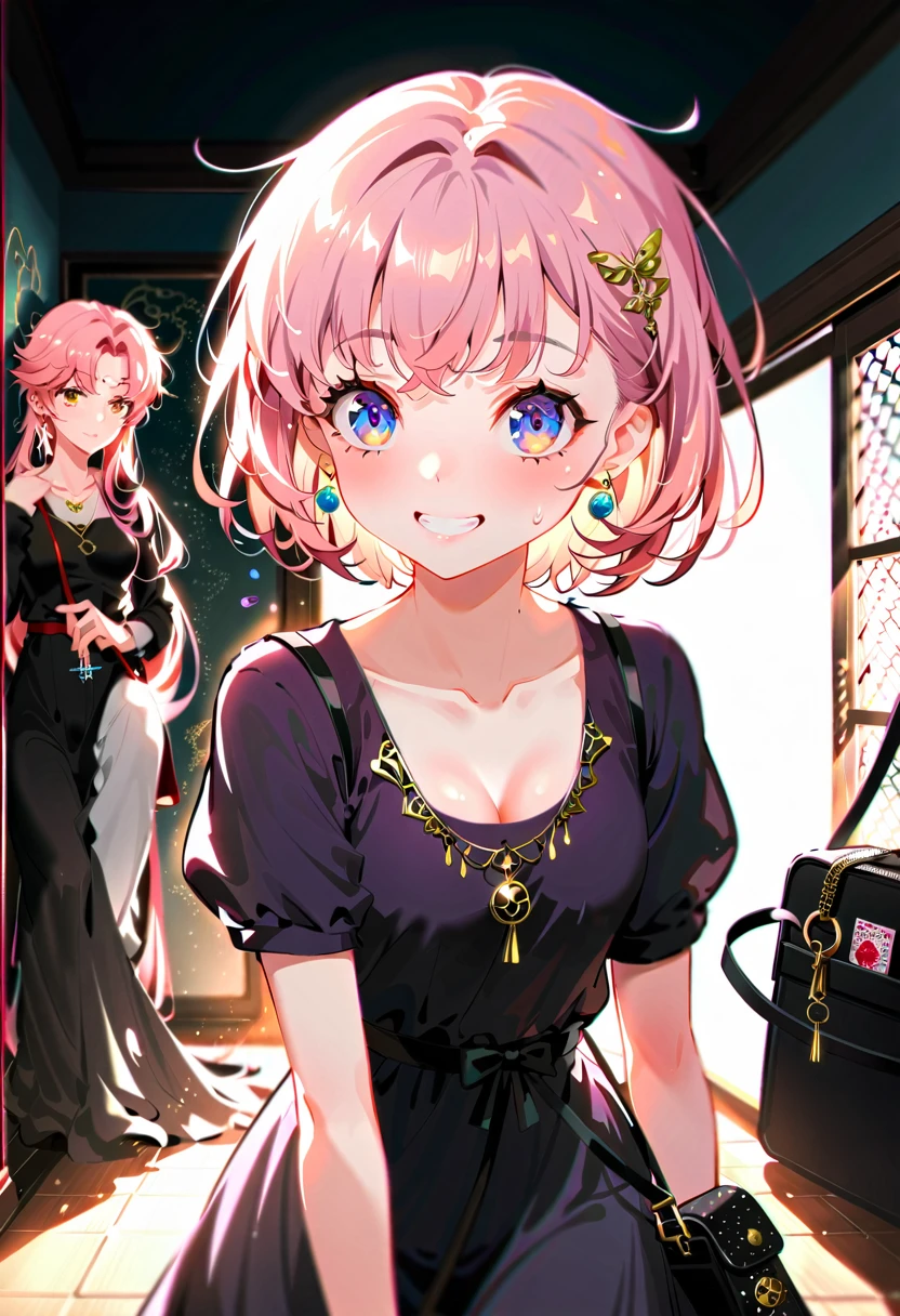 momo velia deviluke、Pink Hair、Short Hair、Eye color: Ocean Pink Yellow、Eyes of the Universe、Inside the room、please sit down, Long Hair、Bob Hair、Cool and complex, Very embarrassed、The best smile、Please open your mouth wide、Grin、目はclose、((purple and black dress))、((Syringe Shoulder Bag)), Fun and lively characters, close( Perfect Anatomy )、beautiful, Translucent white skin、A purple dress slightly damp with sweat、Underwear is visible、quality\(8K,非常に精細なCGユニットのwallpaper, masterpiece,High resolution,top-quality,top-quality real texture skin,Super 2D,Increase the resolution,RAW Photos,最高quality,Very detailed,wallpaper,Ray Tracing,Golden Ratio\),[Browsing Caution]、White and orange theme、Everything is orange except for the costume., Hairstyle, Eye color.、barefoot,Love Hotel