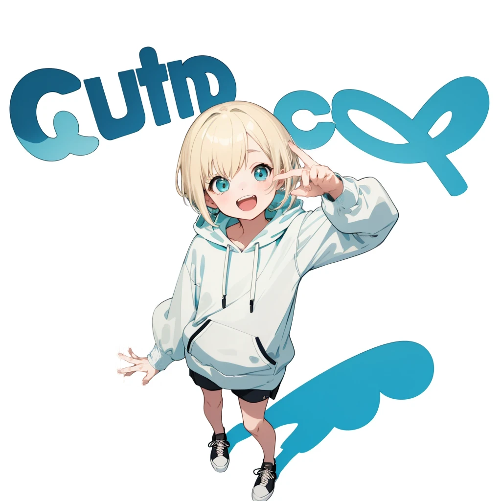 First Job, Better Quality, 1. garota Laughter, Short Mash Hair、Short Hair、Blonde Hair Color、Turquoise Eyes、White hoodie、Black hot pants、Black sneakers、, Little , Little, Laughter (Solo Girl)、Looking up、The camera is from above、The front hair is straight、Please draw the fingers in detail、Fingers５It&#39;s a book