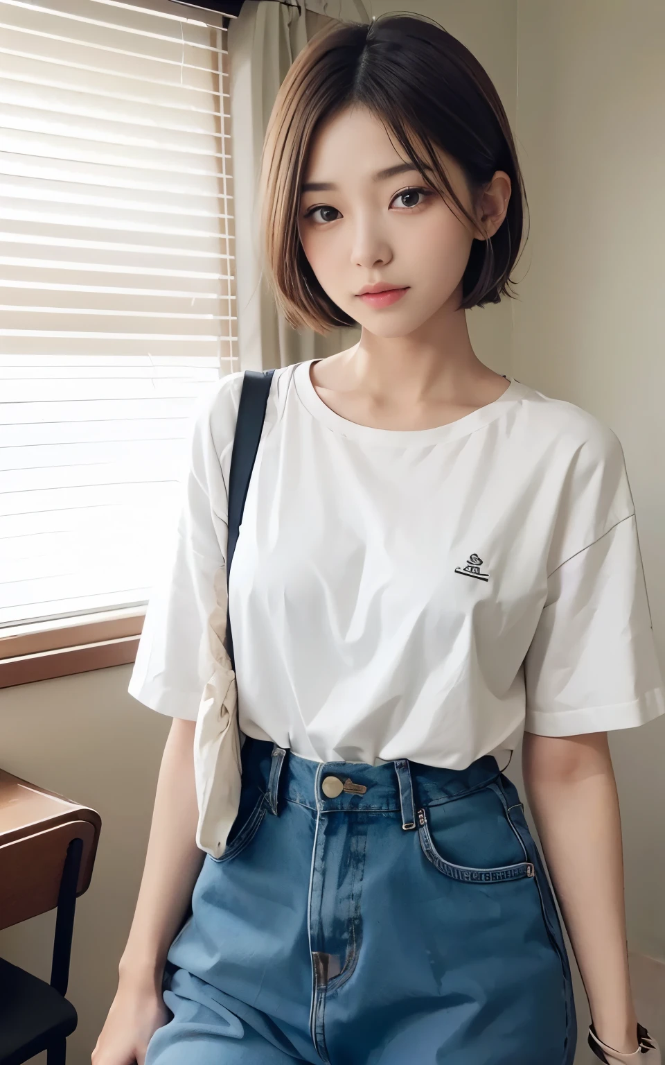 Cute 21 year old Japanese、University、Large classroom、Barely、Super detailed face、Eye for detail、double eyelid、Beautiful thin nose、Sharp Focus:1.2、Beauty:1.4、(Light Brown Hair、Short Hair、Highest quality、Illumination、masterpiece、Ultra-high resolution、(Photorealistic:1.4)、Colorful spring clothes、
