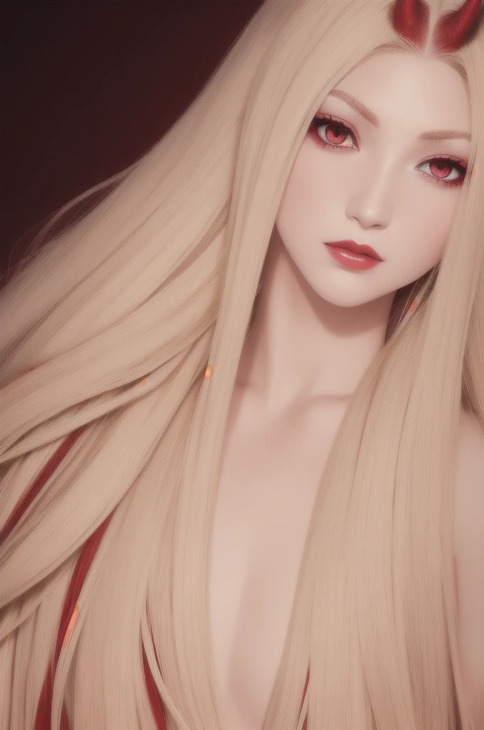 Beige cream hair color and long hime cut with dark red highlights, the characters is a Tiefling from d&d and she have pinkish white fair skin with red eyes and beige to white eye lash and eye brows beige horns