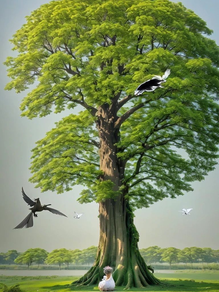 A large tree nymph with a bird in front of it.