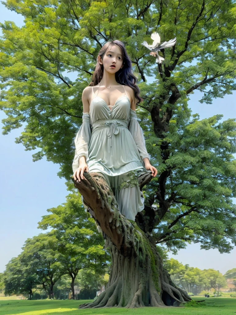 A large tree nymph with a bird in front of it.
