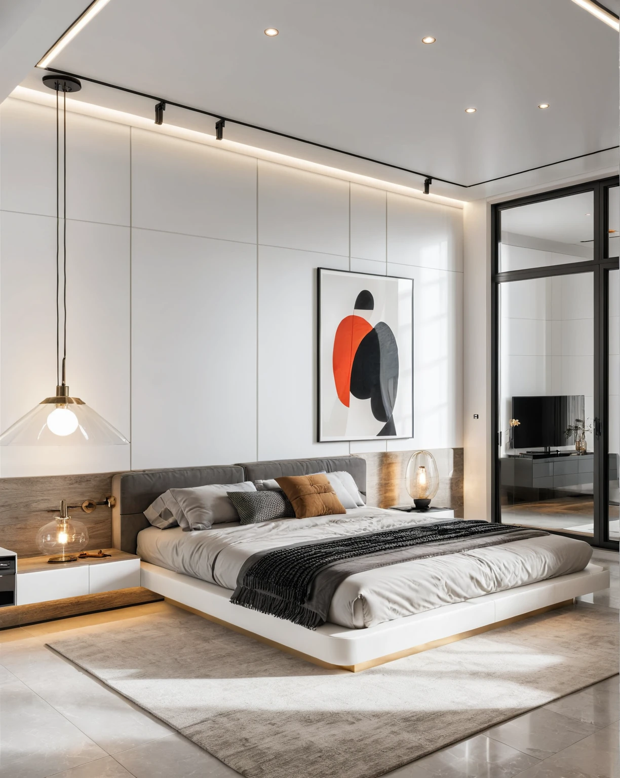 Raw photo,Masterpiece, high quality, best quality, authentic, super detail, indoors, interior ,BED room, modern style, daylight, (WHITE WALL), (((the right corridor ))), mezzanine floor, glass door.