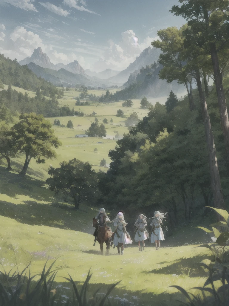 In a green meadow stands a girl leading a group of knights.
BREAK
With a brave expression, she guides them towards their destination.
BREAK
Behind her, a green forest stretches out and beyond that, mountains rise in the distance.
BREAK
The most suitable effect for this scene would be a watercolor painting technique to capture the softness of the meadow and the fluidity of the movement.