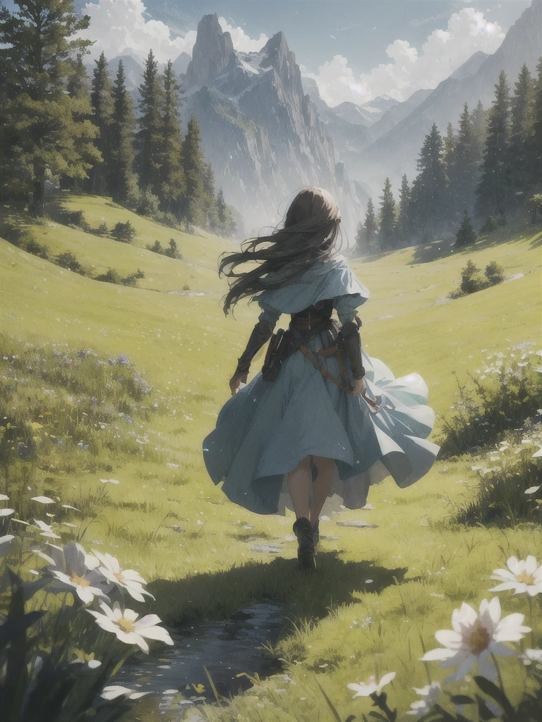In a green meadow stands a girl leading a group of knights.
BREAK
With a brave expression, she guides them towards their destination.
BREAK
Behind her, a green forest stretches out and beyond that, mountains rise in the distance.
BREAK
The most suitable effect for this scene would be a watercolor painting technique to capture the softness of the meadow and the fluidity of the movement.