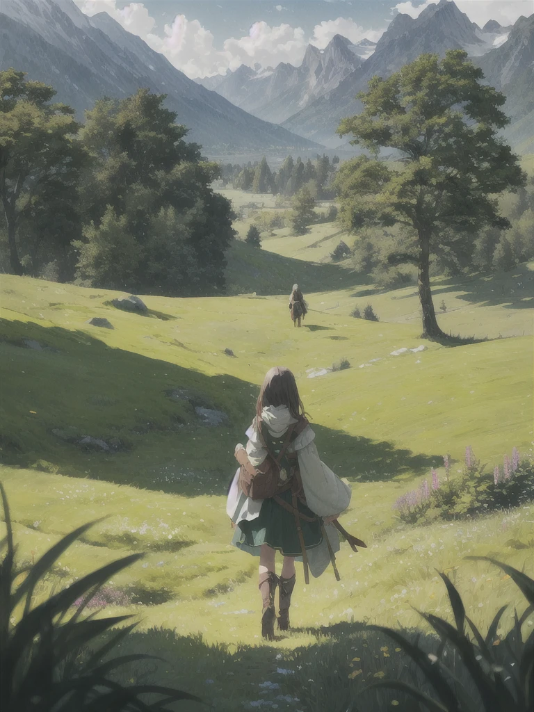 In a green meadow stands a girl leading a group of knights.
BREAK
With a brave expression, she guides them towards their destination.
BREAK
Behind her, a green forest stretches out and beyond that, mountains rise in the distance.
BREAK
The most suitable effect for this scene would be a watercolor painting technique to capture the softness of the meadow and the fluidity of the movement.