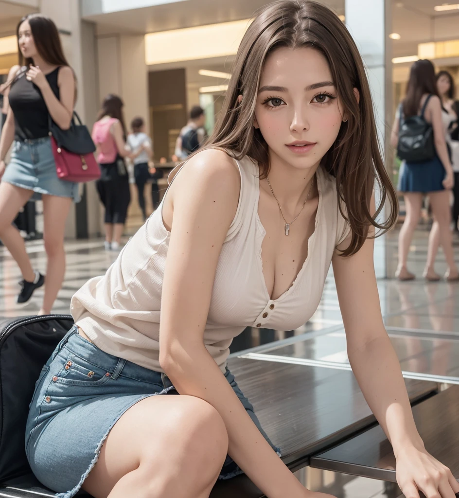 Masutepiece, highest quality, high resolution, Eleonora Pavinato, 30 years old, younger headshot, looking cute, cute pose, beautiful busty girl, long straight black hair, in the mall. tubular sleeveless shirt, very short mini skirt