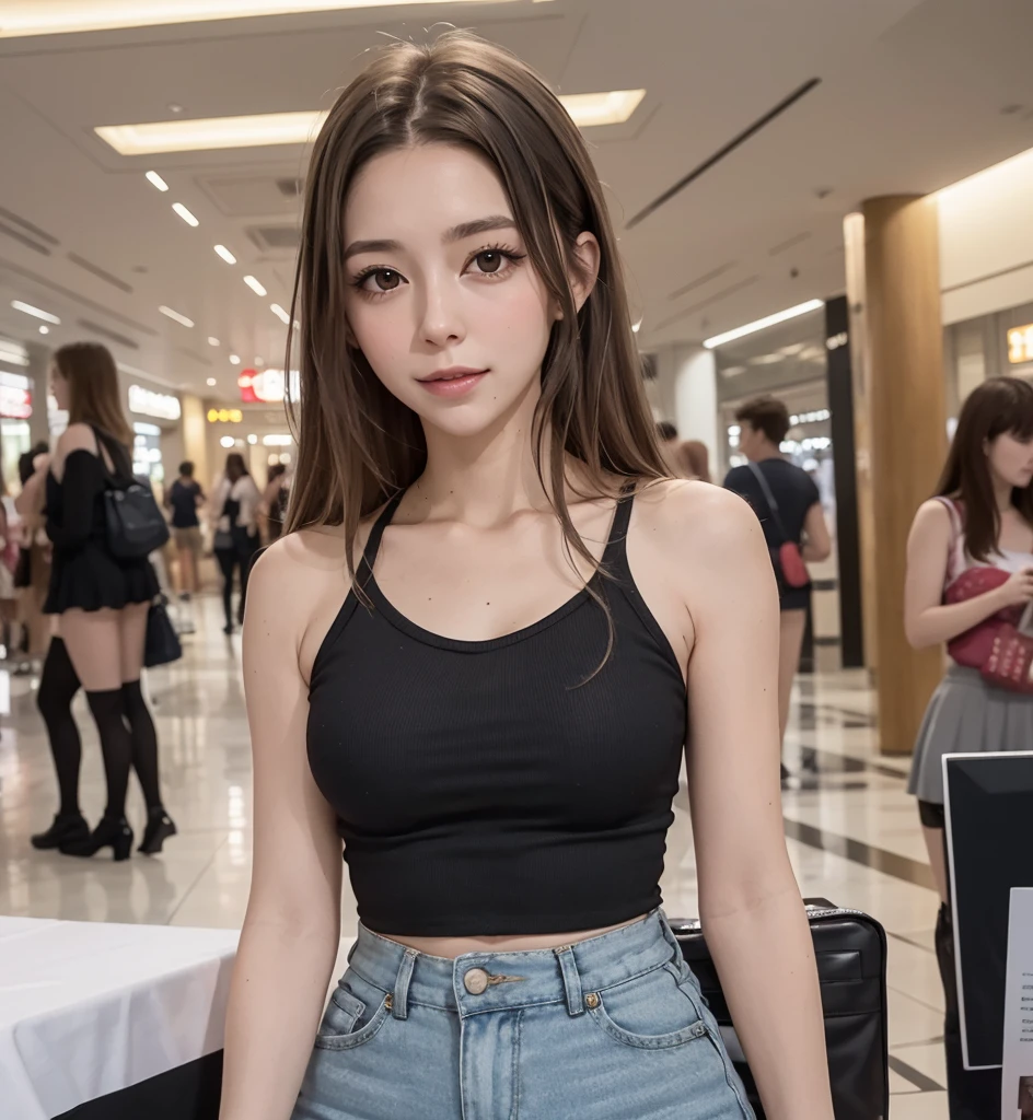 Masutepiece, highest quality, high resolution, Eleonora Pavinato, 30 years old, younger headshot, looking cute, cute pose, beautiful busty girl, long straight black hair, in the mall. tubular sleeveless shirt, very short mini skirt