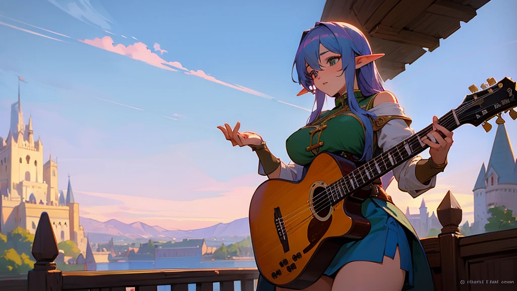 Anime Style,Nostalgic,Detailed background,The medieval world,A lively bar with lots of people,Beautiful sky,Two beautiful elves of a bard,guitar,Large Breasts,Healthy thighs