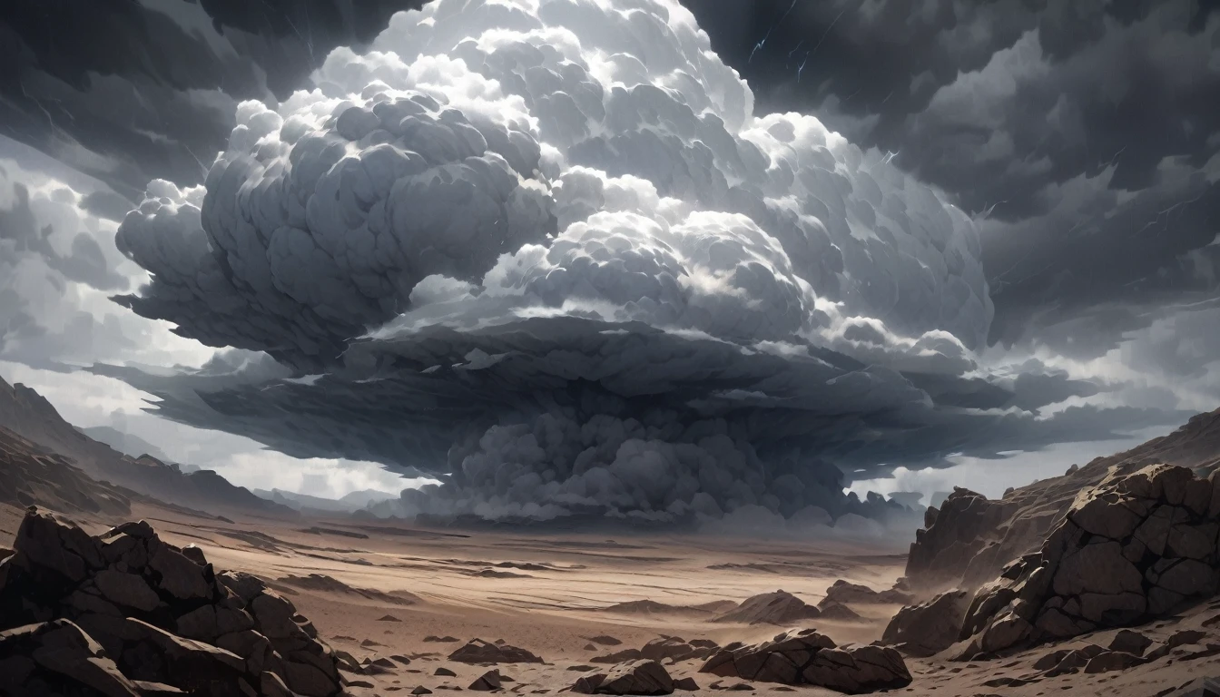 rocky desert, in the huge supercell, rotating thundercloud, overcast weather, dim, before the storm, ultra detailed