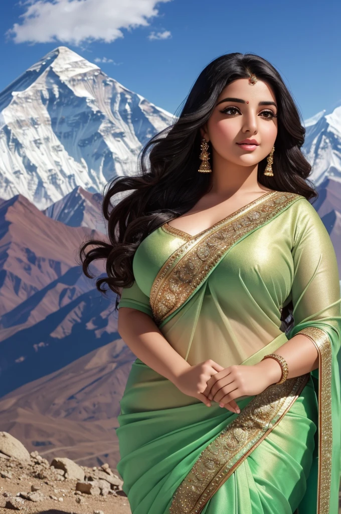 1 Heavenly beautiful and goddess beauty cute and sweet looking face Arabian woman in front of Mount Everest, Heavenly beautiful Overweight, Heavenly beautiful Extremely fat, Heavenly beautiful and attractive Chubby figure , Heavenly beautiful looking and eye catching luxury style saree , reaching out, Heavenly beautiful Arabian woman, 16k, High resolution, masterpiece, highest quality, fine skin, close up figure view, Realistic Photograph