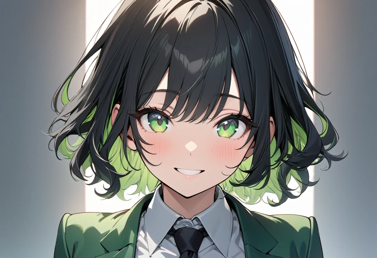 black hair, short wavy hair, light green inner hair, colored inner hair,light green eye, 1girl, solo, masterpiece, best quality, ultra-detailed, illustration, portrait, best Light and Shadow quality, simple background, happy, small smile, White collar, green blazer, black tie,