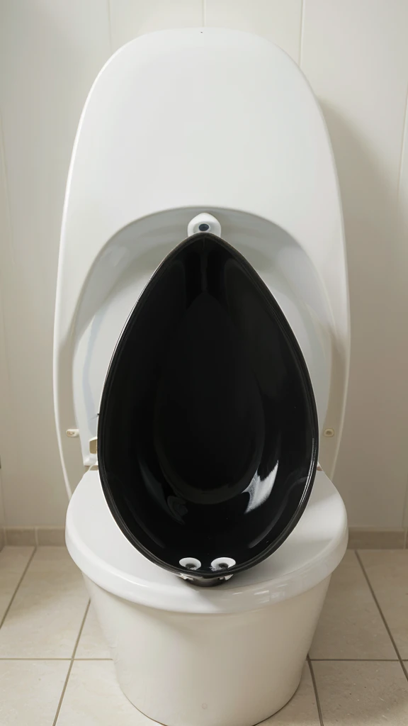 Create me a black product tear drop made from plastic (pvc) spaghetti matting that is inside of a toilet bowl, realistic product photography