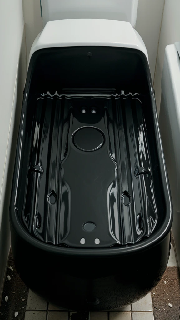Create me a black product tear drop made from plastic (pvc) spaghetti matting that is inside of a toilet bowl, realistic product photography 