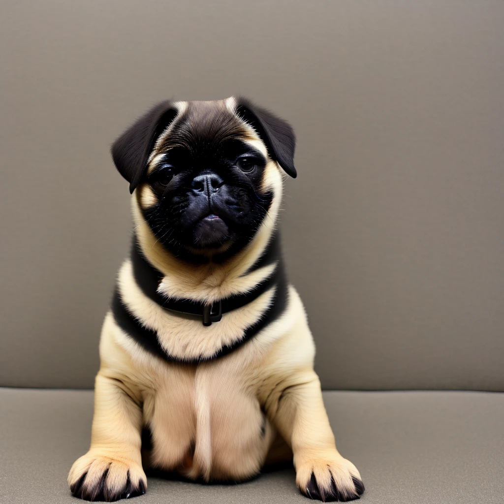 In the city、1 Pug puppy、(((Round black fur on forehead)))、(((smile:3.0)))