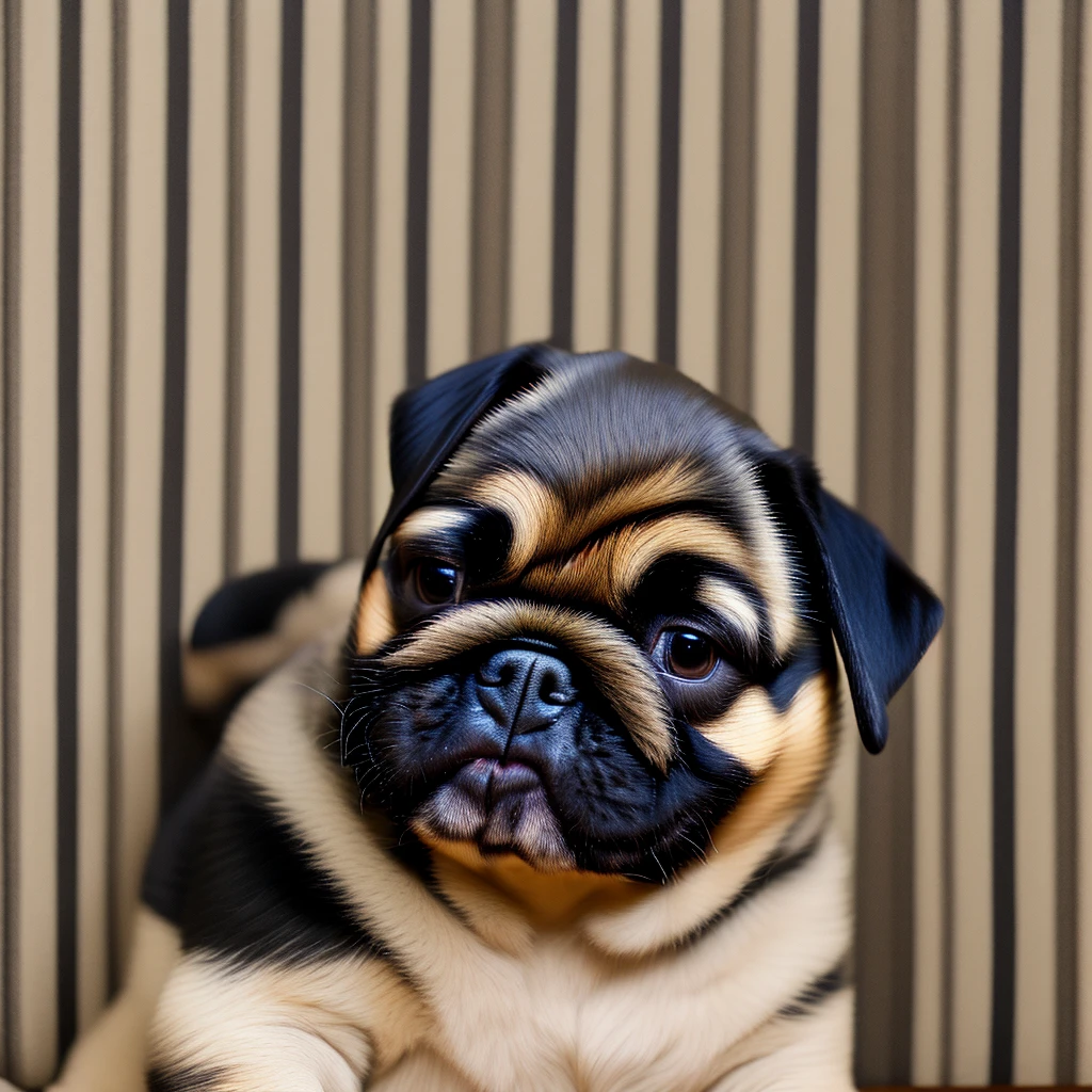 In the city、1 Pug puppy、（（（Round black fur on forehead）））、（（（smile:3.0）））