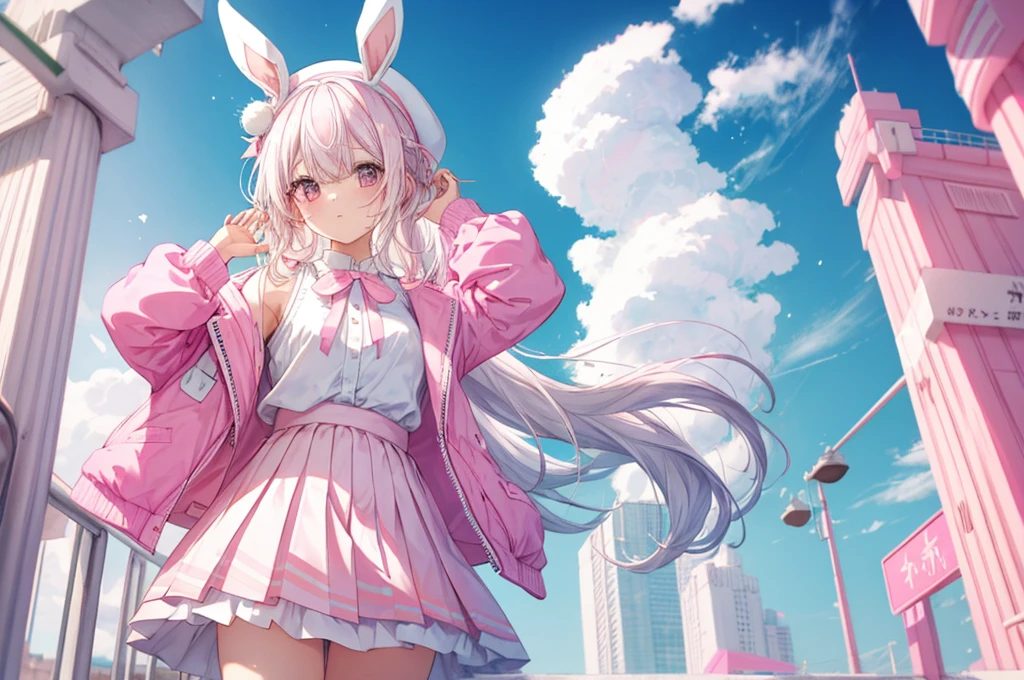 1 girl, pastel color, white straight hair, wearing white pink seifukuu, wearing pink skirt, long white socks, cool pose, perfect lighting, wearing pink bunny headband, wearing pink beret with white pink ribbon on it. Cowboy shot.