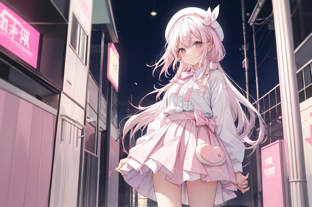 1 girl, pastel color, white straight hair, wearing white pink seifukuu, wearing pink skirt, long white socks, cool pose, perfect lighting, wearing pink bunny headband, wearing pink beret with white pink ribbon on it. Cowboy shot.