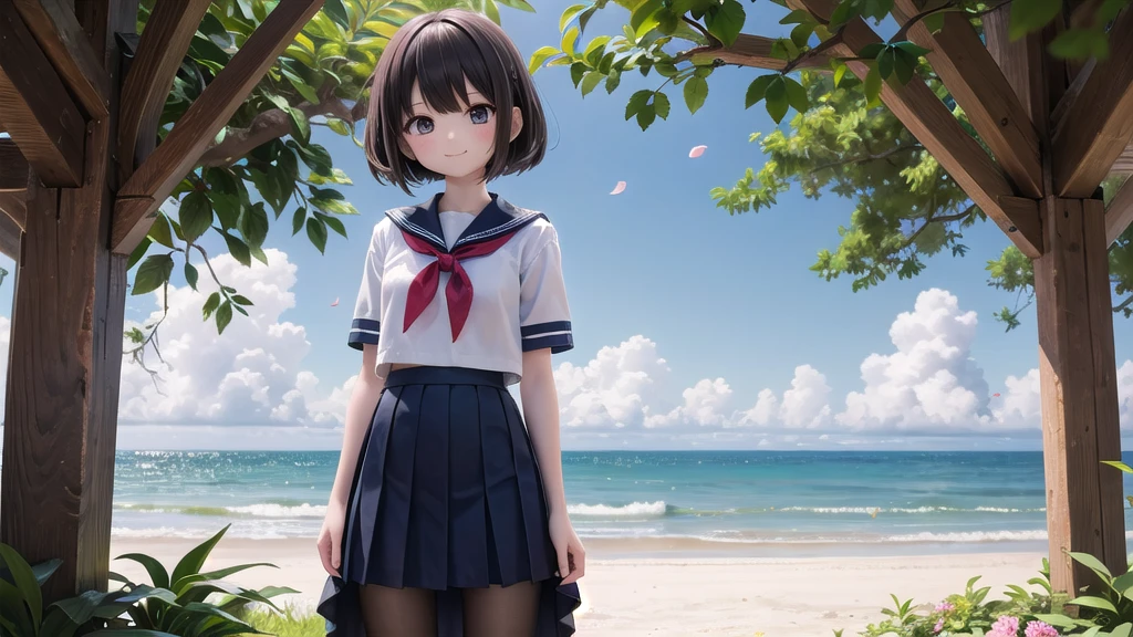 (masterpiece),  town,  blue sky,  One Girl, Place the person on the right,  smile,  alone,  Sailor suit、Long skirt,  Overgrown,  petal,  plant、Skirt lining、Translucent slip、nostalgic、Black Pantyhose、I can see the ocean in the distance、Crotch close-up