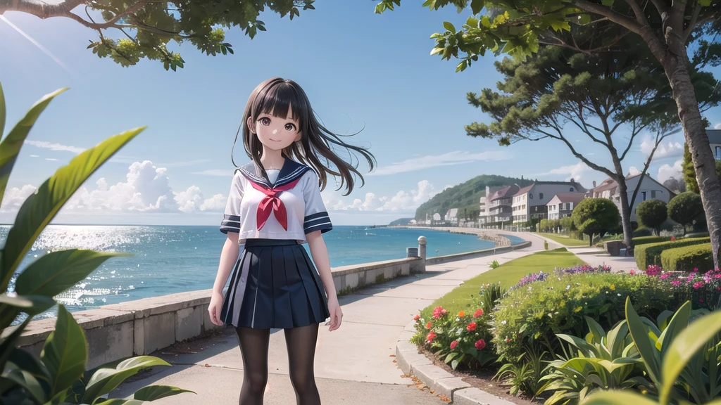 (masterpiece),  town,  blue sky,  One Girl, Place the person on the right,  smile,  alone,  Sailor suit、Long skirt,  Overgrown,  petal,  plant、Skirt lining、Translucent slip、nostalgic、Black Pantyhose、I can see the ocean in the distance、Crotch close-up