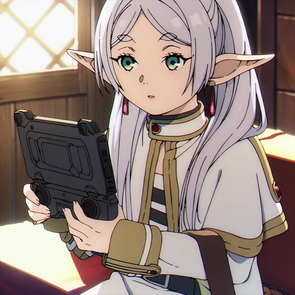 1girl, sfrieren, solo, elf, pointy ears, silver hair, white hair, green eyes, small breasts, flat chest, BREAK
robe, black pantyhose, brown boots, belt, capelet, upper body, sitting, BREAK
holding a videogame controller, holding, sit, sitting on a puff, puff, BREAK
score_9, score_8_up, score_7_up, score_6_up, anime,
(high quality, detailed, beautiful), shiny, detailed beautiful eyes, outstanding, countershading, detailed soft lighting