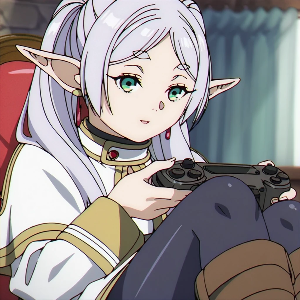 1girl, sfrieren, solo, elf, pointy ears, silver hair, white hair, green eyes, small breasts, flat chest, BREAK
robe, black pantyhose, brown boots, belt, capelet, upper body, sitting, BREAK
holding a videogame controller, holding, sit, sitting on a puff, puff, BREAK
score_9, score_8_up, score_7_up, score_6_up, anime,
(high quality, detailed, beautiful), shiny, detailed beautiful eyes, outstanding, countershading, detailed soft lighting