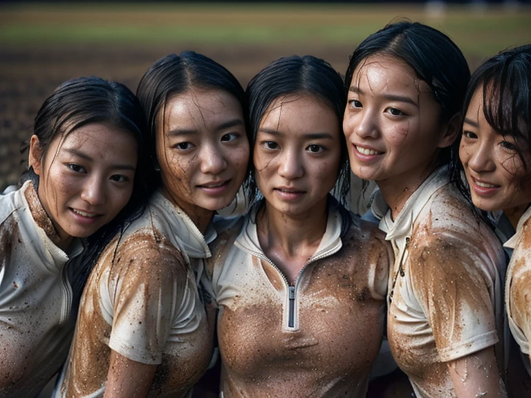 (A plain white short sleeved dirt stained field ?????? uniform with a very tight white half zip:1.7)、(A large, dirt-stained, white, square collar: 1.6)、(Red clay ground:1.5)、My hair is wet and messy、(Beautiful Japanese woman covered in dirt:2.2)、Highest quality, masterpiece, Ultra-high resolution, Photorealistic, Raw Photos,Detailed face,(Muscular woman:1.4), (Fastener open: 1.8), (Upper body zoom up:1.0),(Everyone wears the same clothes:1.0), All members are super beauties, (Group photo of beautiful Japanese women huddled together: 1.7), (Hair tied up: 1.4), (Gentle expression:2.1), Bright photo, (My whole body is drenched in rain: 1.6), (Covered in mud and earth: 1.4)
