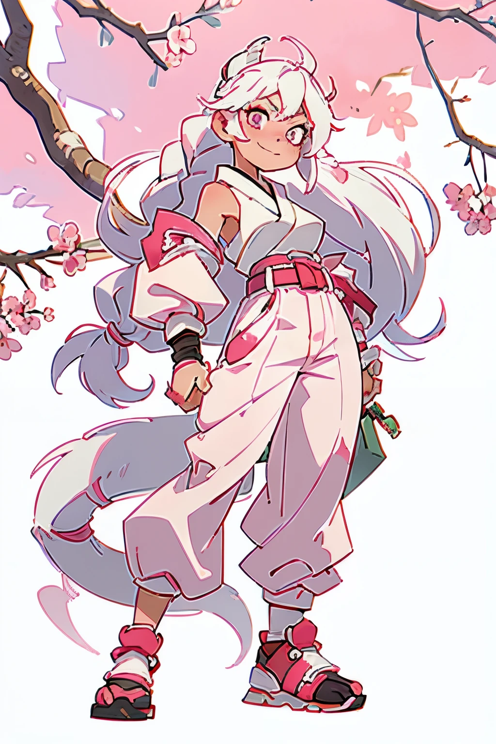 high quality, masterpiece, 1girl, cherry blossom dragon design, muscles, white hair, white dragon horns, pink eyes, braid on the right side, white joggers pants, cherry blossom clothes, angry smile, scar on right cheek, bandages on the arms, full body, pink japanese belt