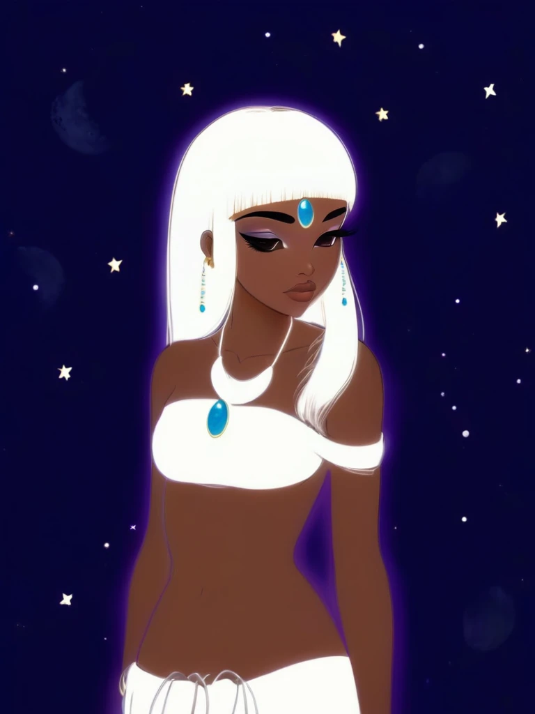 Goddess Jaci, Indigenous, Goddess of the moon, Brazilian legend, white hair, straight hair, straight bangs, black skin, white clothes, moon accessories, beautiful girl, big eyelashes, Necklace with blue and black pearls with a moon lying in the middle of them, Hair accessory with three feathers and a moon