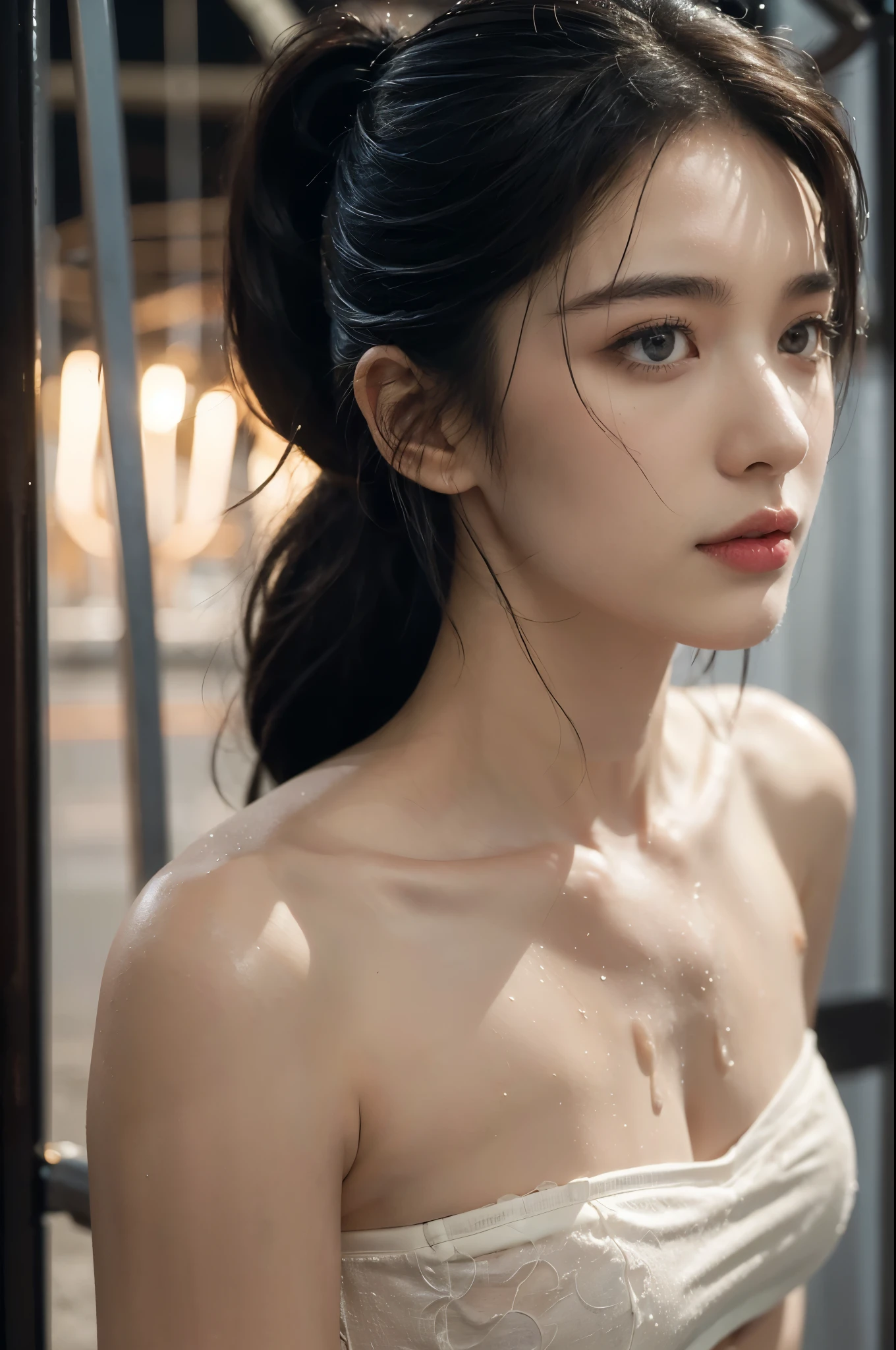 (((best quality))),(((ultra detailed))),(((masterpiece))),illustration,1girl, young,solo, slim,thin,short ponytail,small breasts,flat chest,(strapless white bra:1.3),rainy night, heavy rain, drenched, melancholy expression, solitude, tear rolling down cheek, wet hair, empty streets, dimly lit, deserted environment, sound of rain, footsteps, symbol of hope, abandoned, resilience, determination, walking in rain, heartbreak, loss, love fading, loneliness, body language, facial expression, dreary atmosphere, rain-soaked streets, somber mood, viewer engagement,((close-up of face,from front)),urban scape,night scene