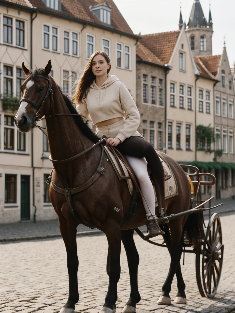 her name is Elle, high quality, 1girl, ((20-year-old fit Caucasian woman)), ((20 years old)), ((fit)), ((pale skin)), short length straight dark hair , wearing Graphic Cropped Hoodie + High-Waisted Vinyl Leggings, pose: standing, background: Highlight the enchanting streets of Bruges, Belgium, with its medieval architecture, scenic canals, and horse-drawn carriages clip-clopping over cobblestone roads.