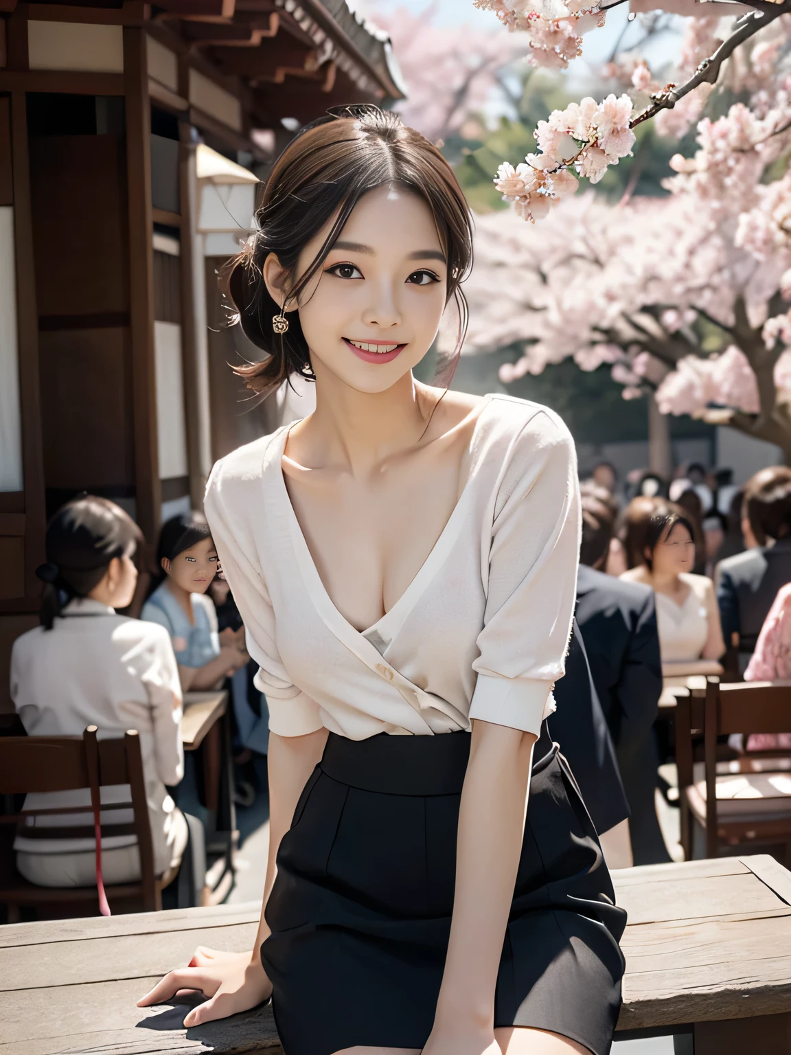 A little visible valley,skirt,One girl, Lookwg_w_Audience, smile, Japan, Tokyo, Cherry Blossom, Octane Renderwg, 一人w, Very skwny,V-neck buswess suit,A neat image,Mature Woman