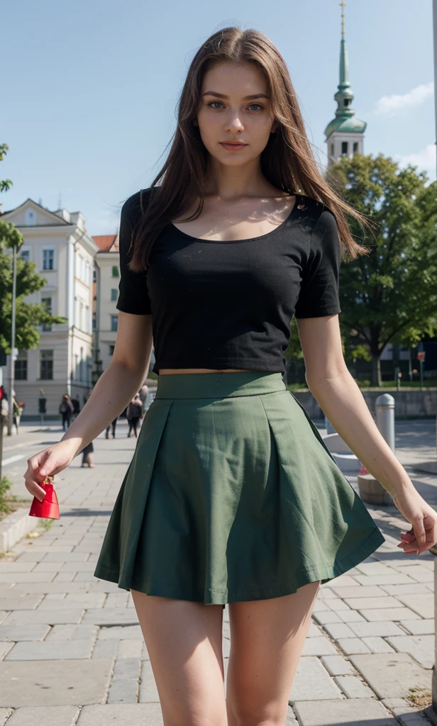 Lituania, pretty women, ((In Vilnius City)), before the Vilnius Gediminas tower, on the Vilnius central place, ((wear a green top,a red skirt))