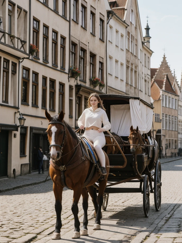 her name is Elle, high quality, 1girl, ((20-year-old fit Caucasian woman)), ((20 years old)), ((fit)), ((pale skin)), short length straight dark hair , wearing Graphic Cropped Hoodie + High-Waisted Vinyl Leggings, pose: standing, background: Highlight the enchanting streets of Bruges, Belgium, with its medieval architecture, scenic canals, and horse-drawn carriages clip-clopping over cobblestone roads.