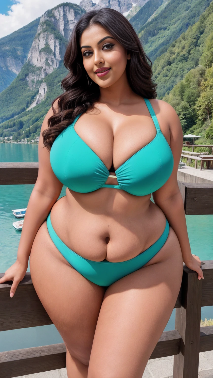 Indian gorgeous curvy plus size actress madhubala, glowing eyes, wearing SHEIN Slayr Summer Beach Plus Colorblock Twist Front Push Up Bikini Set , covered Bust, parted lips, blushing cheeks, thick thighs, bigger waist, busty, curvy plus size body, full body, full body shot, head to toe view, hourglass body, curvy plus size body, smile face, bigger waist, busty, big hips, fleshy thighs, thick thighs, busty, full body view, Hallstatt, Austria: Picturesque village with alpine houses and serene lake views.