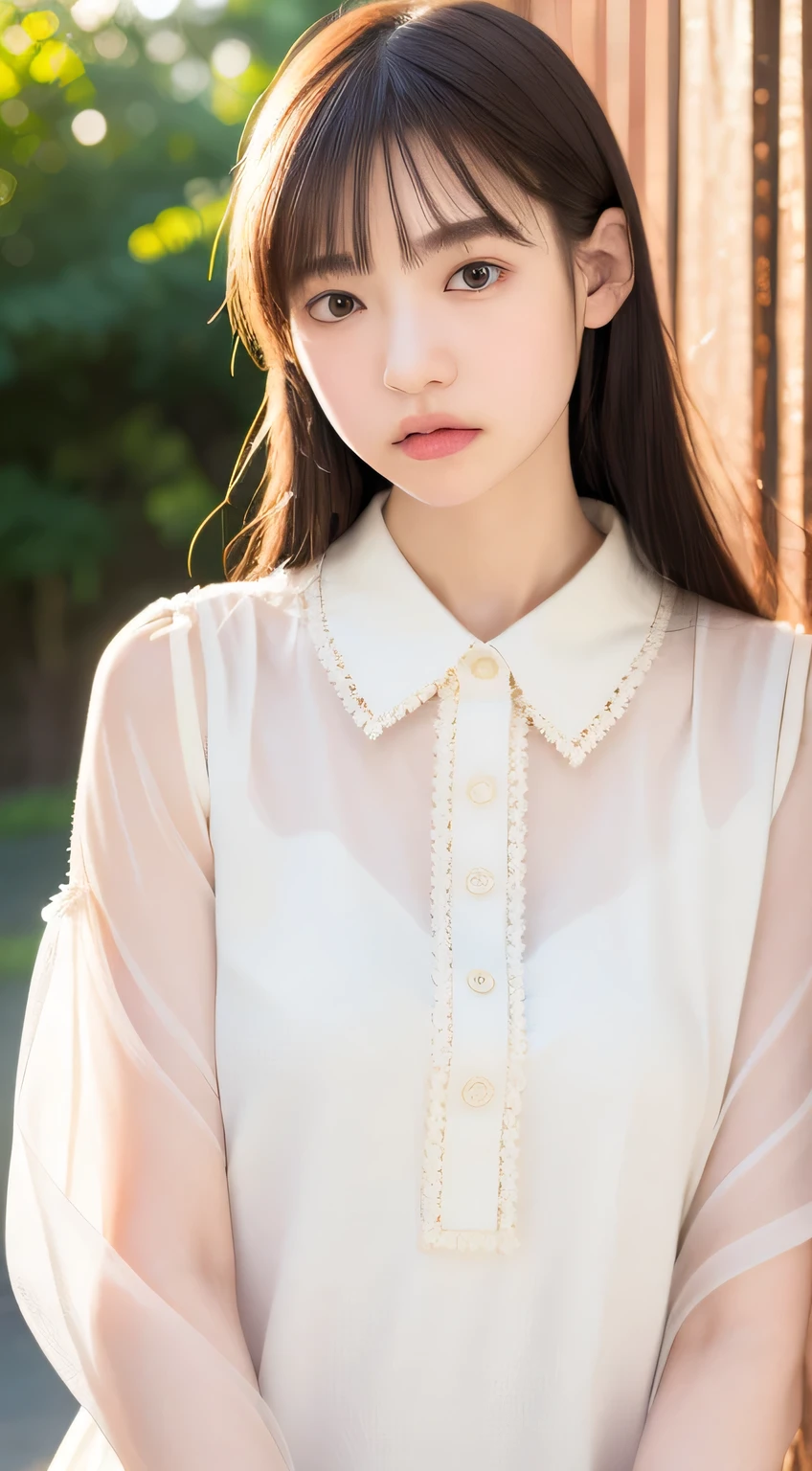 女の子1人, (Full body), Unknown , detailed clothes, (delicate illustration:1.4),(masutepiece:1.0), (Best Quality:1.4), (超A high resolution:1.2), (Photorealistic:1.4), (8K, Raw photo:1.2), (Soft Focus:1.4), (18year old:1.3), (Sharp Focus:1.4), (Renaissance art:1.4), Detailed beautiful face, (Blouse with white collar), sitting on