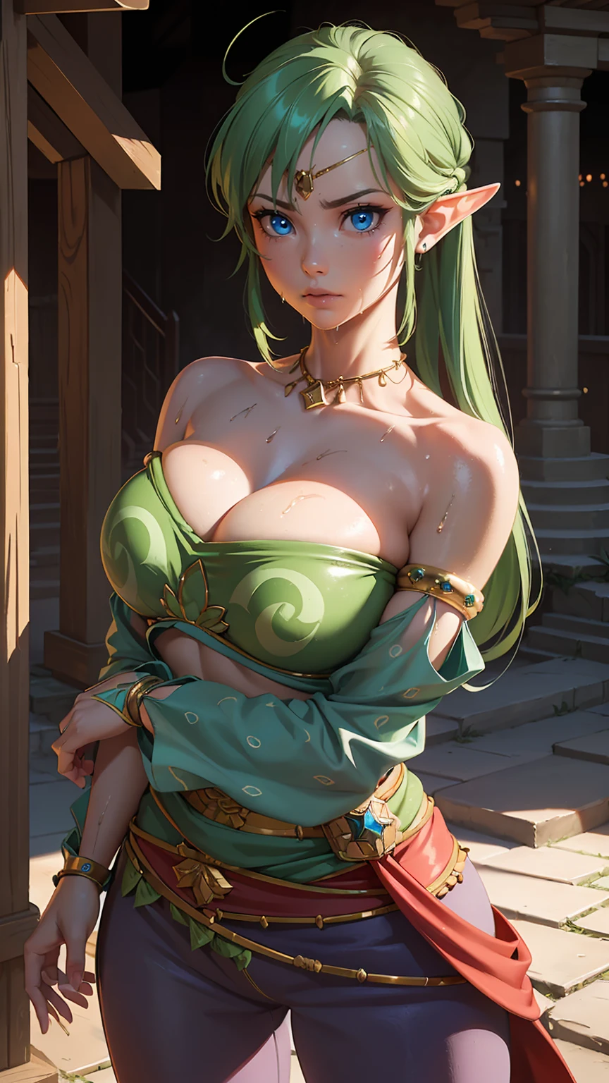 ((SUPREMELY FIRM ROUND BREASTS)), (((MOST OUTRAGEOUSLY GIGANTIC FAKE :1,2))), (strapless bra), Could you please draw a female version of Roronoa Zoro from One Piece? She should have Zoro's trademark green hair, but perhaps in a longer, more feminine style. Her eyes should be intense and focused, reflecting her determination. She should be physically fit and strong, showcasing her skills as a swordsman. Her outfit could be a feminine take on Zoro's traditional outfit, perhaps a fitted green top and black pants, with a sash tied around her waist. She should also have Zoro's three swords, maybe carried on her back or at her side. Her personality should come across as serious and disciplined, just like Zoro, (masterpiece, best quality:1.2),(8k,highres,RAW photo,realistic,photo-realistic:1.3),(detailed skin texture,detailed cloth texture,beautiful detailed face:1.25),professional lighting,photon mapping,beautiful soft light,radiosity,physically-based rendering,model shoot style, model shoot style, (extremely detailed CG unity 8k wallpaper), full shot body photo of the most beautiful artwork in the world, complex 3d render ultra detailed, looking at viewer, 18 yo, wet hair, real human skin, vibrant details, hyperrealistic, beautiful, octane render, an extremely delicate and beautiful, extremely detailed ,CG ,unity ,wallpaper,Amazing, finely detail,official art,extreme detailed eyes, (perfect face), shiny skin, colorful, highest detailed, vibrant colors, ultra high res, (high contrast), intricate, lens flare, cinematic effect, movie scene, documentary, elf