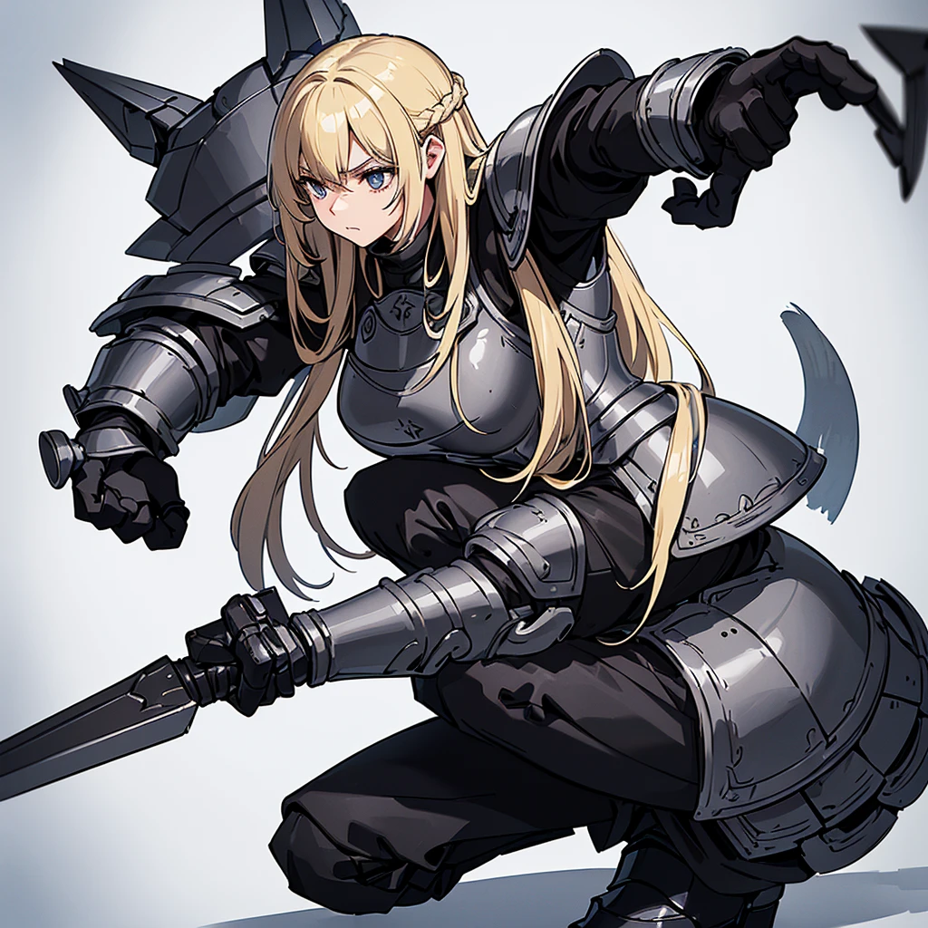(((Solo)))、Highest quality, Best Quality、8K、Best illustrations、(Full body character concept、detailed)、(((Gray simple armor、Black trousers、Black gloves))、(woman、18-year-old)、(Blonde、Long Hair)、Dramatic Angle、(White background)、(squat)、Feed the cat